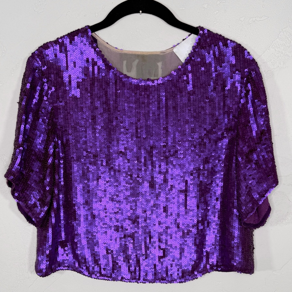 3.1 Phillip Lim Silk Purple Sequin Embellished Short Sleeve Cropped Tee